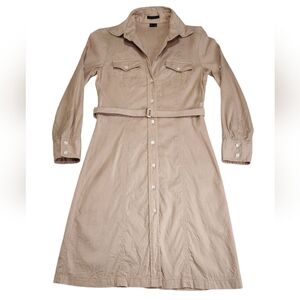 Theory Linen Blend Safari Shirt Dress With Roll-Tab Sleeves & Belt Size 2 Tan